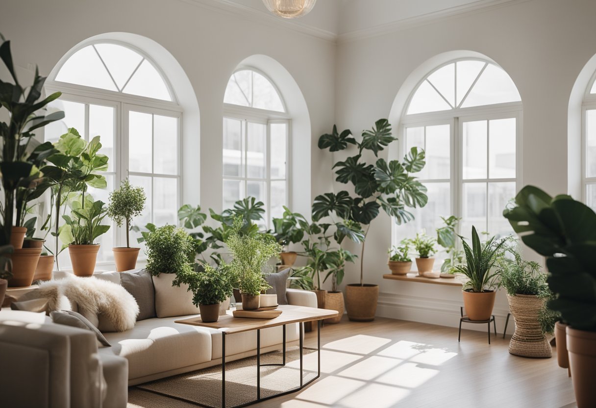 A bright, airy room with clean lines, neutral colors, and minimal furniture. A large window lets in natural light, and potted plants add a touch of greenery