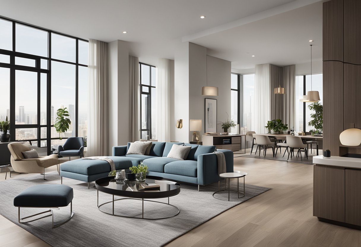 The modern condo interior features sleek furniture, clean lines, and minimalistic decor. The space is bright with large windows, and the color scheme is neutral with pops of bold accents