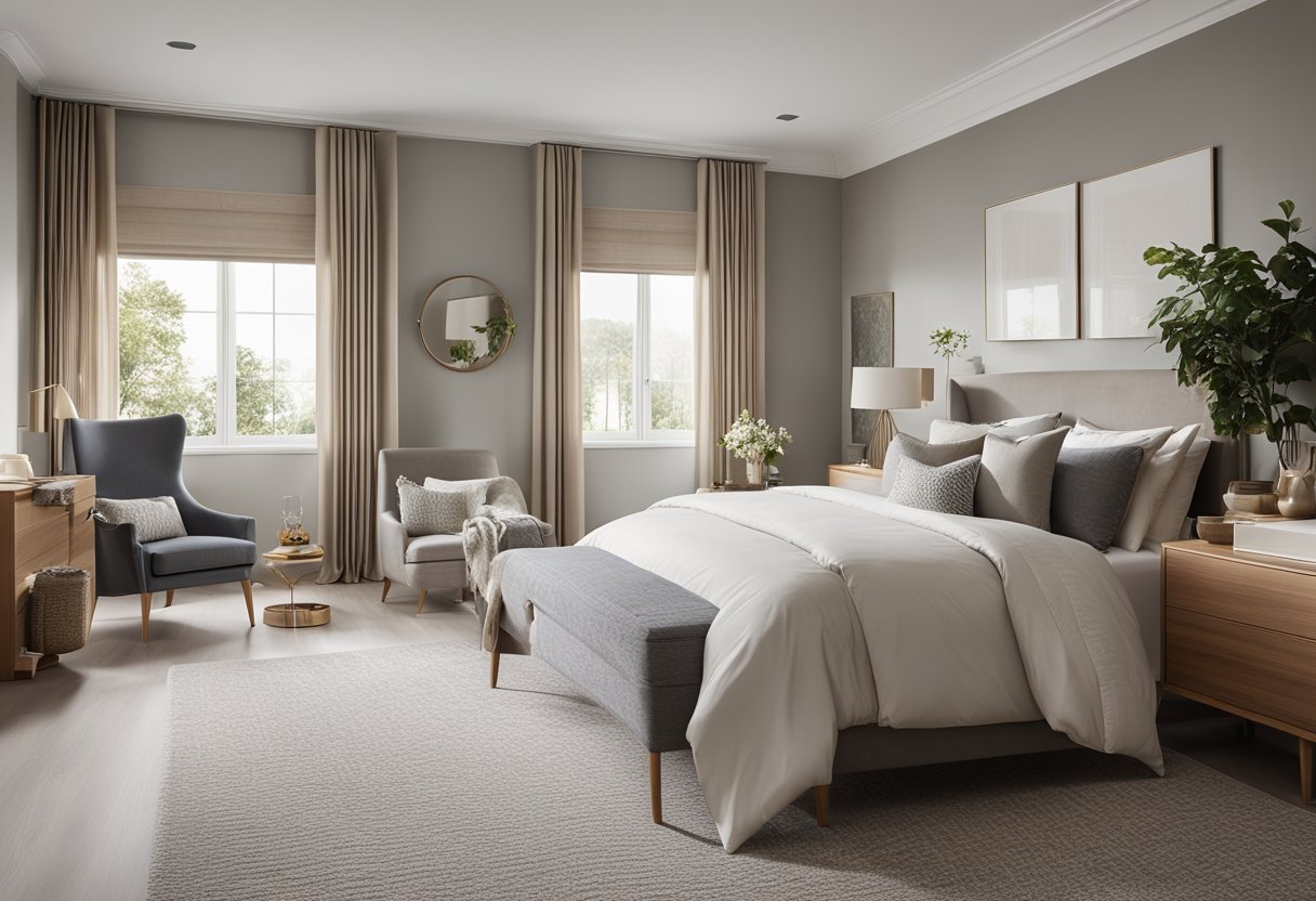 A spacious master bedroom with modern furniture and ample natural light, featuring a cozy reading nook and a sleek ensuite bathroom