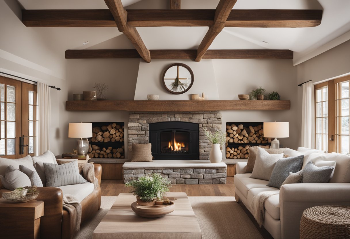 A cozy living room with exposed wooden beams, a stone fireplace, and vintage furniture. Soft, neutral colors and natural textures create a warm and inviting atmosphere