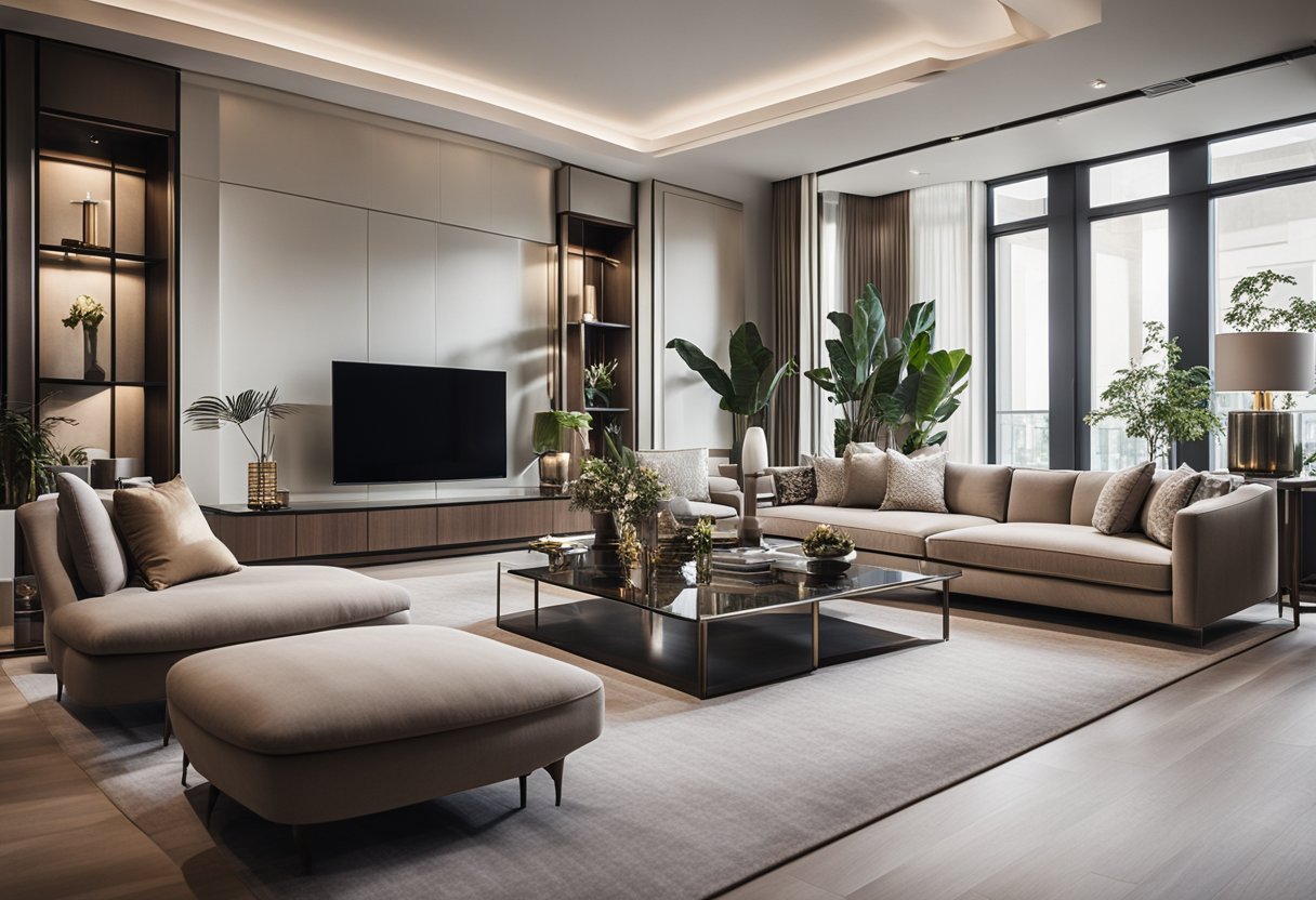 A luxurious, modern living room with sleek furniture, elegant decor, and a neutral color palette exuding sophistication and refinement