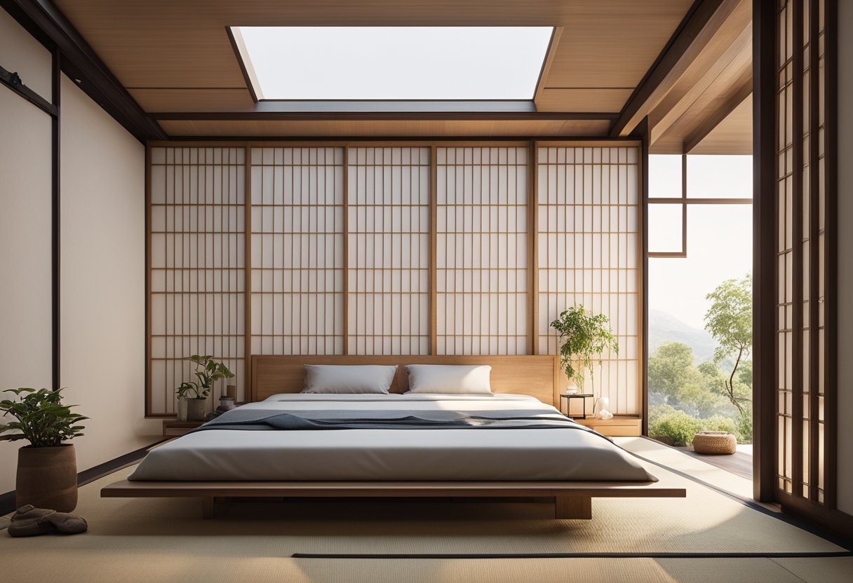 A low platform bed with clean lines, tatami flooring, shoji screens, and a simple wooden writing desk. Sparse decor and natural light create a serene atmosphere