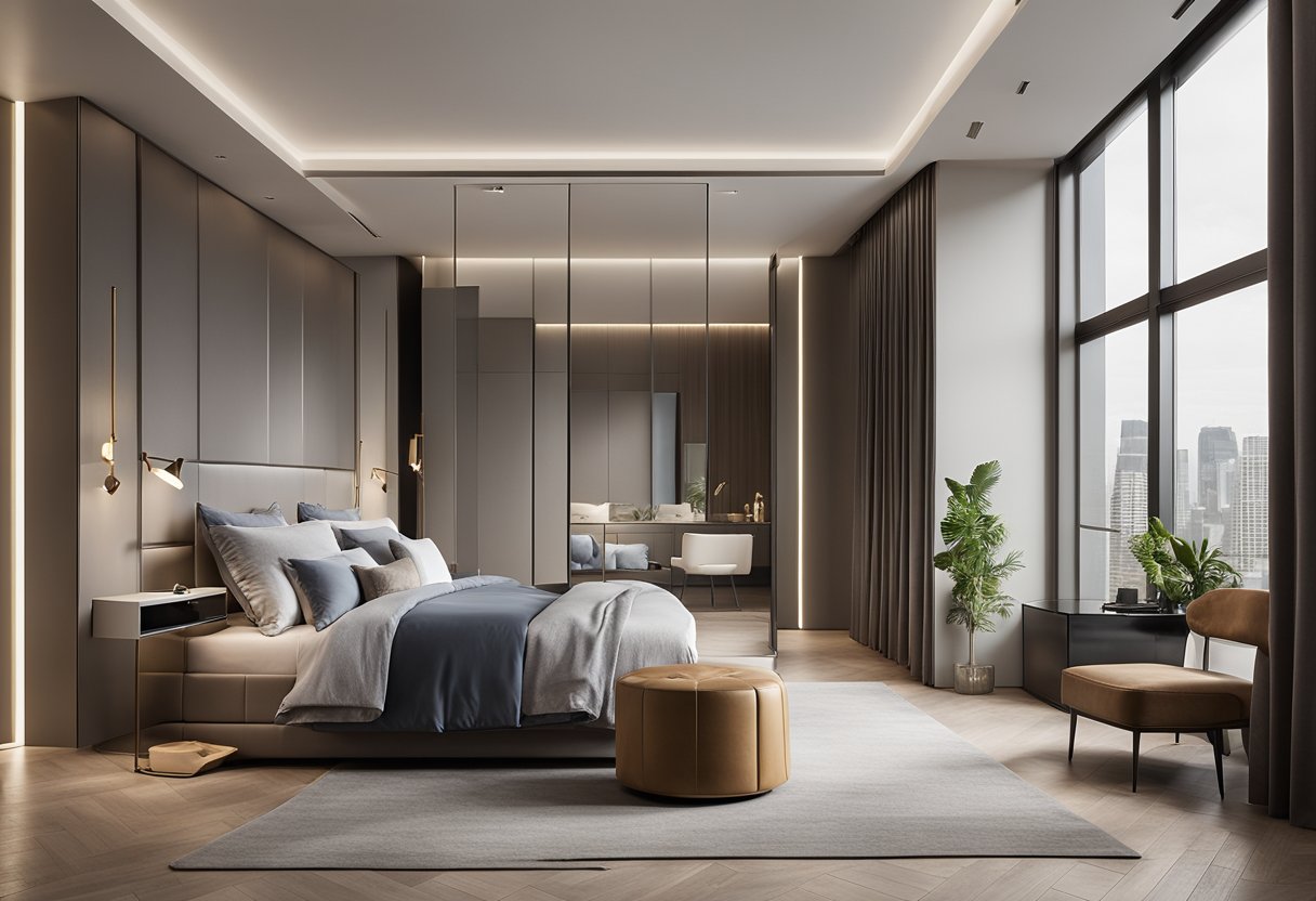 A spacious bedroom with a sleek, modern wardrobe featuring clean lines, mirrored doors, and integrated lighting. The wardrobe is positioned against a neutral-toned wall, with decorative accents and finishing touches adding a touch of elegance to the overall design