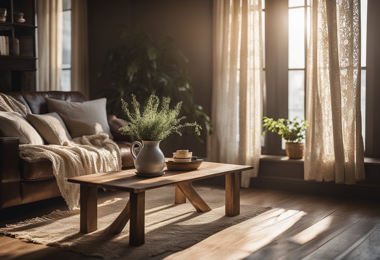 A cozy living room with distressed wood furniture, soft neutral textiles, and vintage accents. Sunlight streams through lace curtains, casting warm shadows on the worn hardwood floors