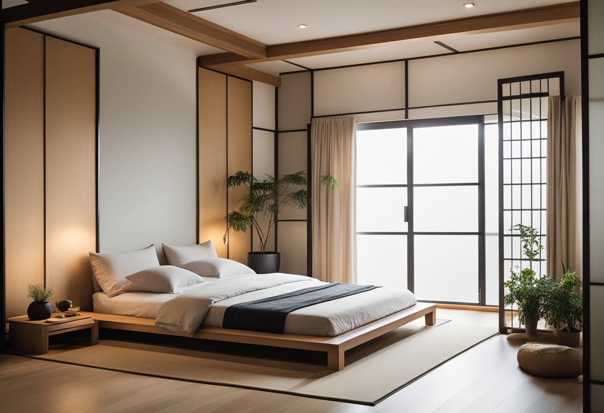 A Japanese minimalist bedroom with clean lines, neutral colors, and natural materials. A low platform bed, shoji screens, and simple decor create a serene atmosphere