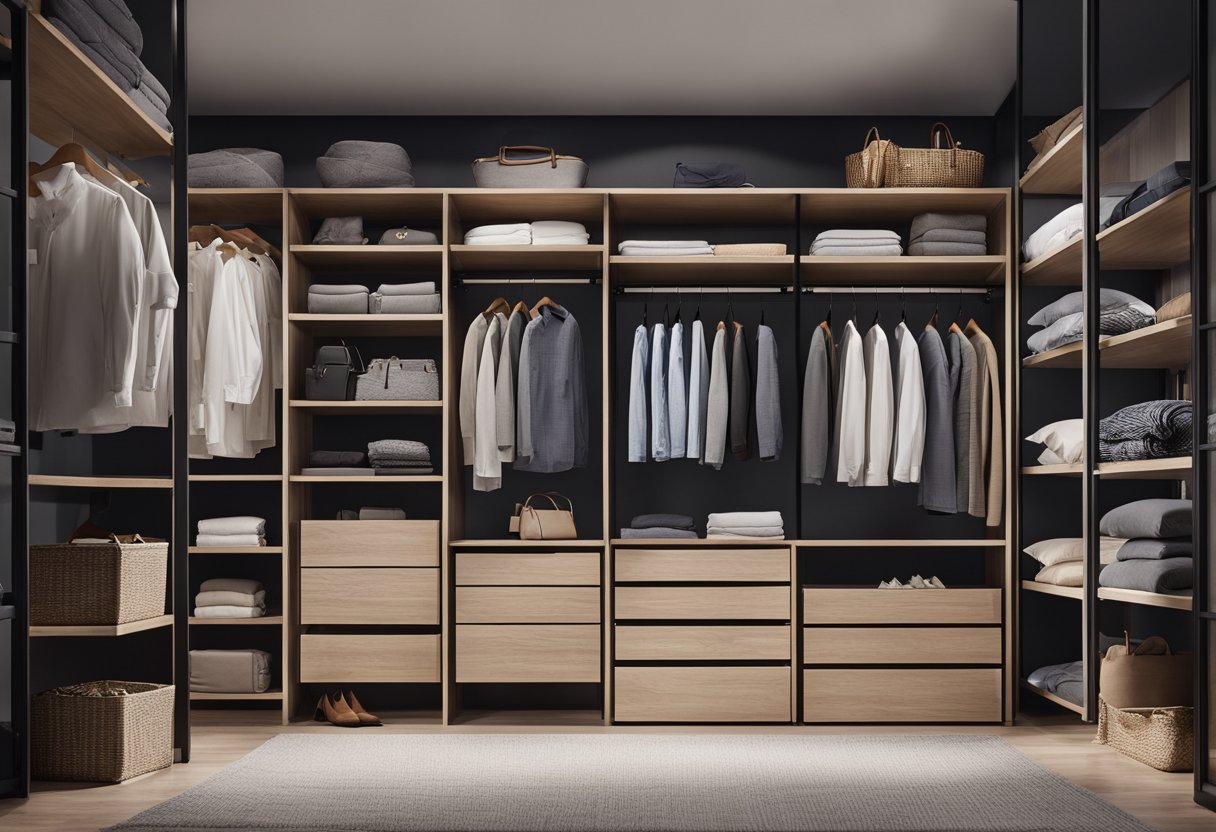 A bedroom with a spacious, organized wardrobe filled with neatly folded clothes and accessories. The wardrobe design includes shelves, drawers, and hanging space for maximum storage efficiency