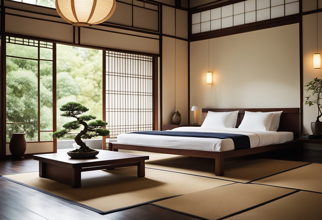 A serene Japanese bedroom with clean lines, tatami mat flooring, and simple, elegant accessories like a bonsai tree, paper lanterns, and a low wooden table