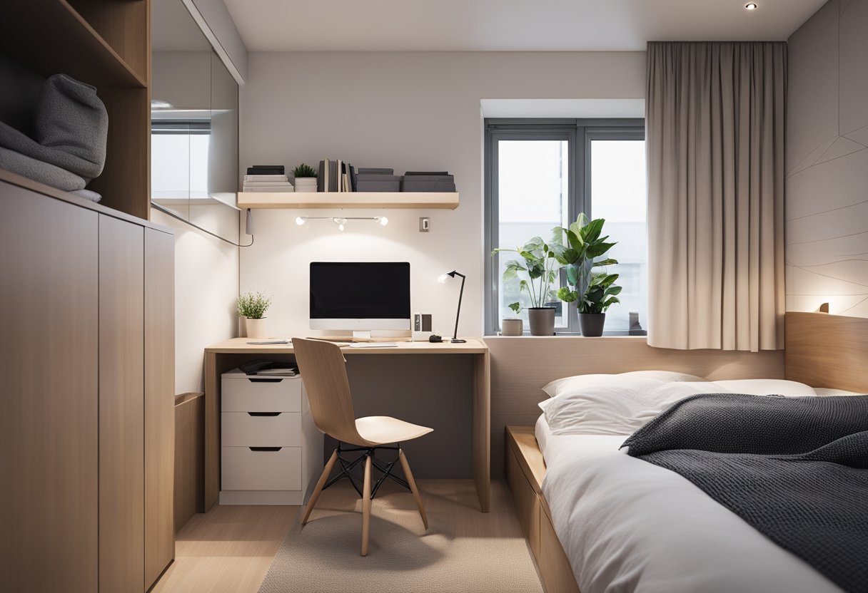 A small box room with minimalist bedroom designs, featuring a single bed, a compact desk, and built-in storage solutions