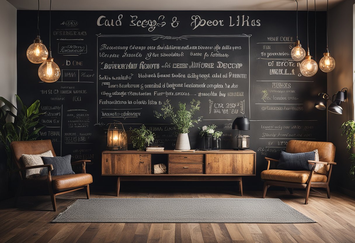A cozy living room with distressed wooden furniture, vintage rugs, and hanging Edison bulb lights. A chalkboard wall displays hand-lettered FAQs about rustic chic decor