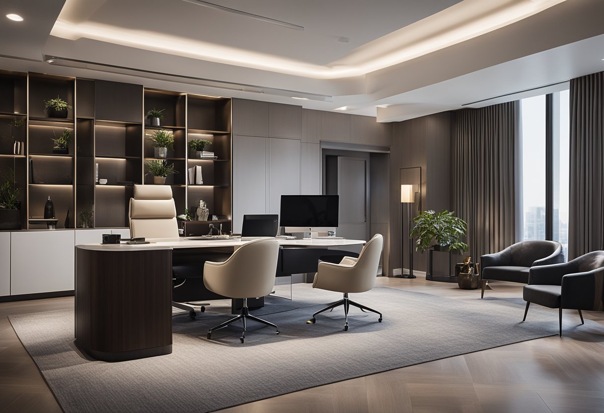 A luxurious office space with modern furniture, elegant decor, and a sophisticated color palette. The room exudes a sense of prestige and professionalism, with subtle branding elements incorporated throughout the design