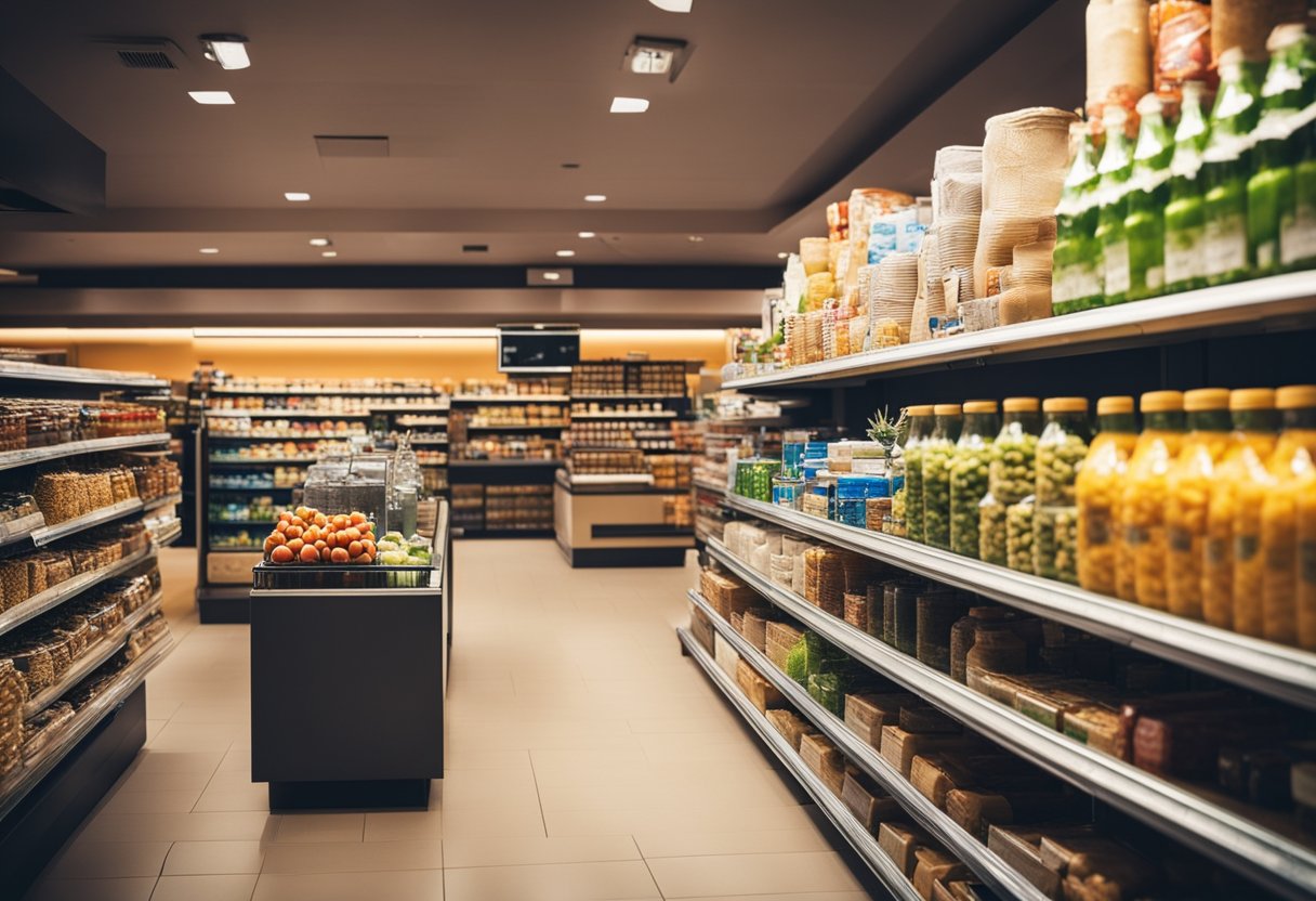 The mini supermarket interior features bright lighting, neatly organized shelves, colorful product displays, and a checkout counter with a friendly cashier