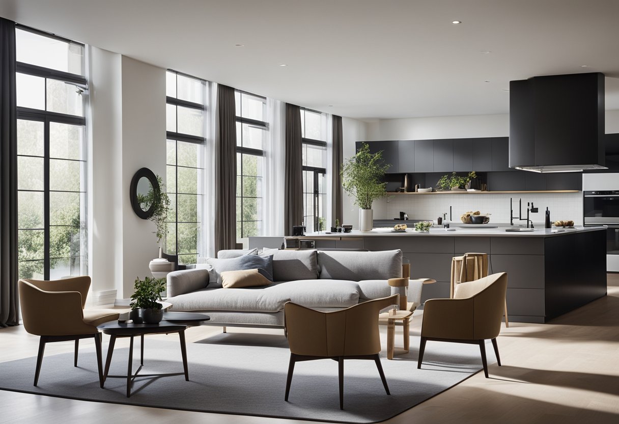 A spacious, open-plan living area with modular furniture and sleek, minimalist decor. Natural light streams in through large windows, highlighting the clean lines and innovative use of space