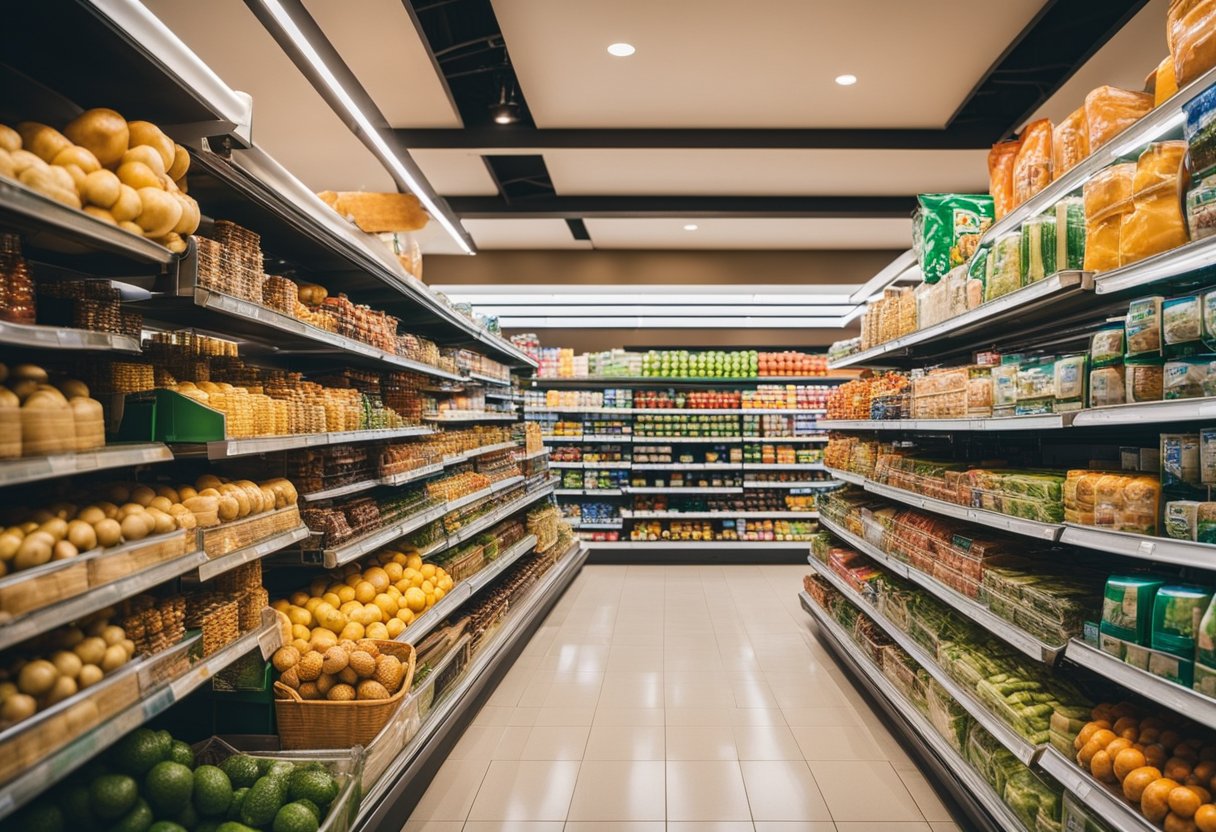 The mini supermarket interior features aisles of neatly organized shelves, colorful product displays, and bright overhead lighting