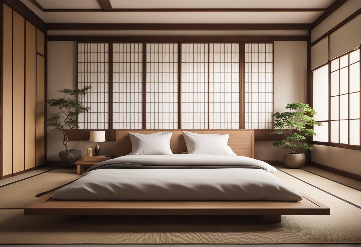 A serene Japanese bedroom with clean lines, tatami flooring, shoji screens, and minimal furniture. A low platform bed with neutral bedding and a simple bonsai tree on a wooden nightstand