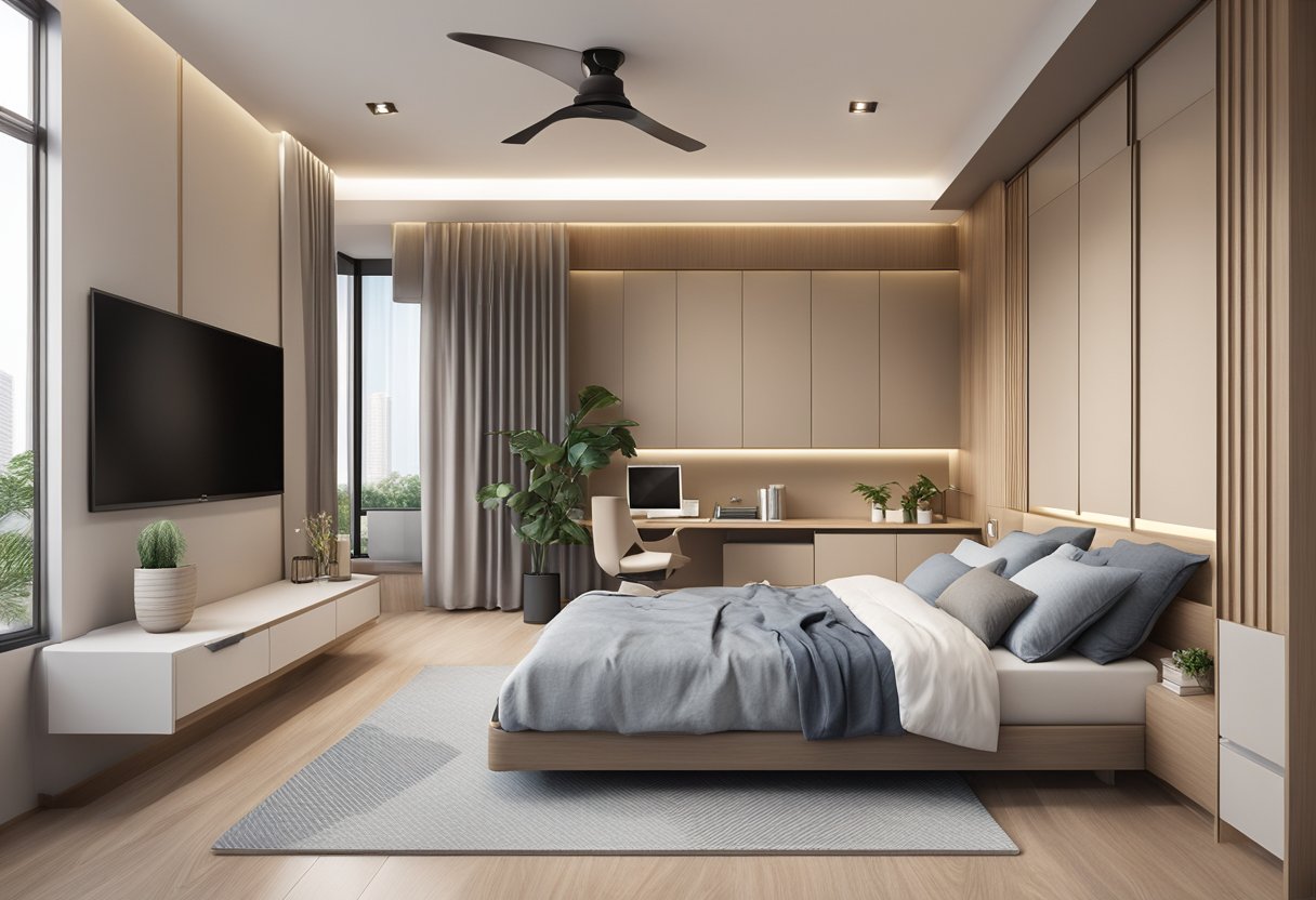 A modern bedroom in a Singapore HDB flat, with sleek furniture, neutral colors, and large windows letting in natural light