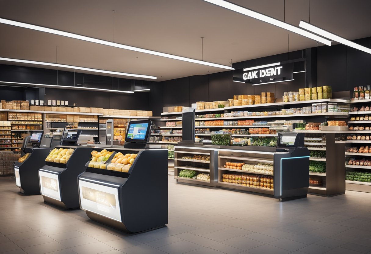 The mini supermarket interior features modern technology, such as self-checkout kiosks and digital price displays. The layout includes innovative shelving and lighting designs