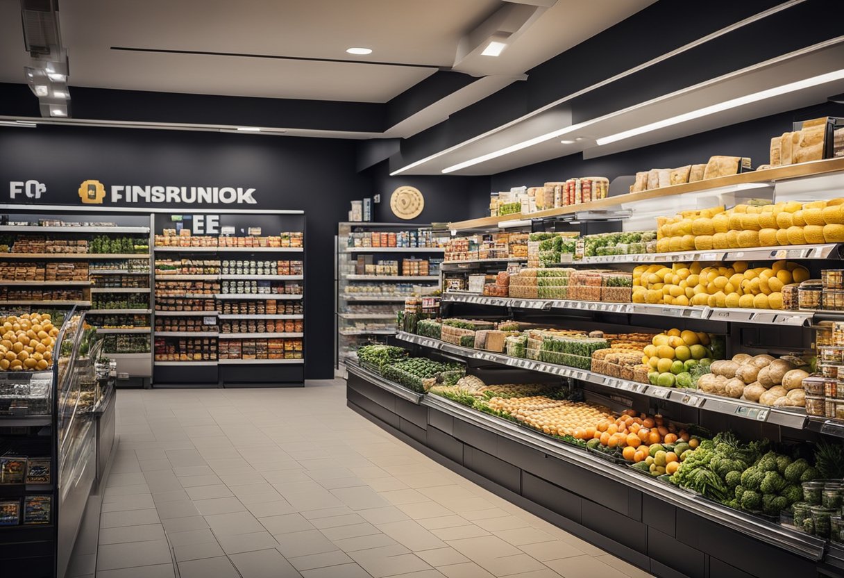 The mini supermarket interior features neatly arranged shelves, a variety of products, bright lighting, and a checkout counter