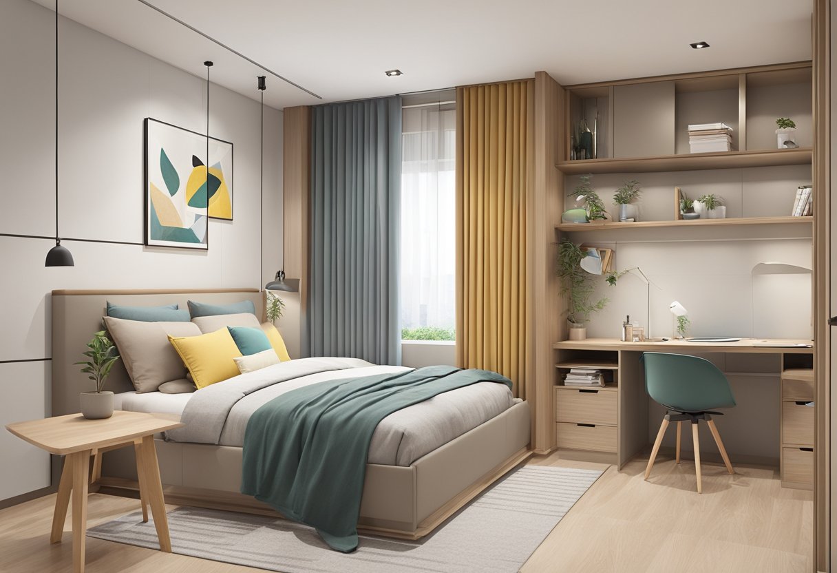 The HDB bedroom is efficiently designed with built-in storage, foldable furniture, and a neutral color palette, creating a spacious and functional living area