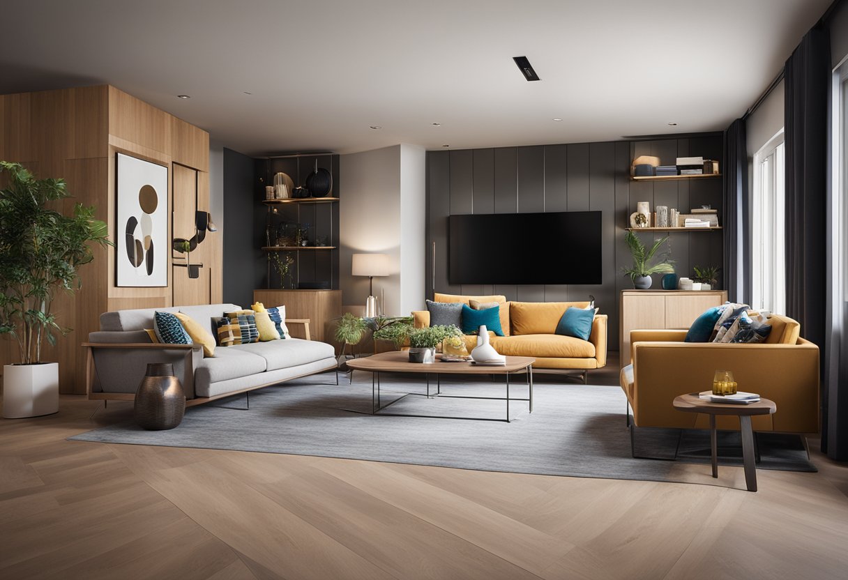 A modern living room with sleek furniture, geometric patterns, and pops of bold color. Natural materials like wood and stone are incorporated, along with innovative technology for a seamless and functional space