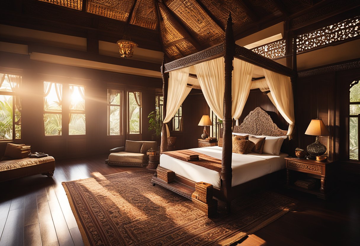 A spacious bedroom with traditional Sri Lankan decor, featuring intricate wood carvings, vibrant textiles, and a canopy bed. Sunlight streams in through large windows, casting warm shadows on the polished hardwood floors