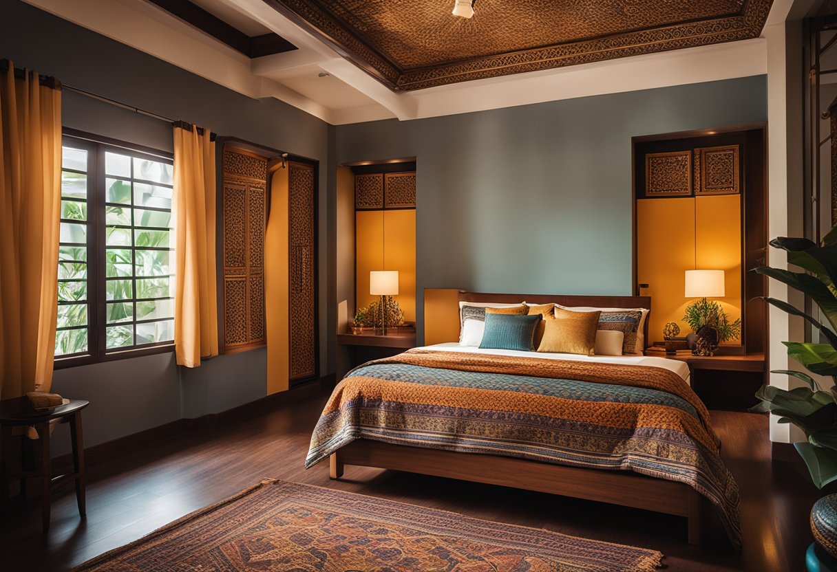 A bedroom with modern Sri Lankan design elements, featuring vibrant colors, intricate woodwork, and traditional textiles