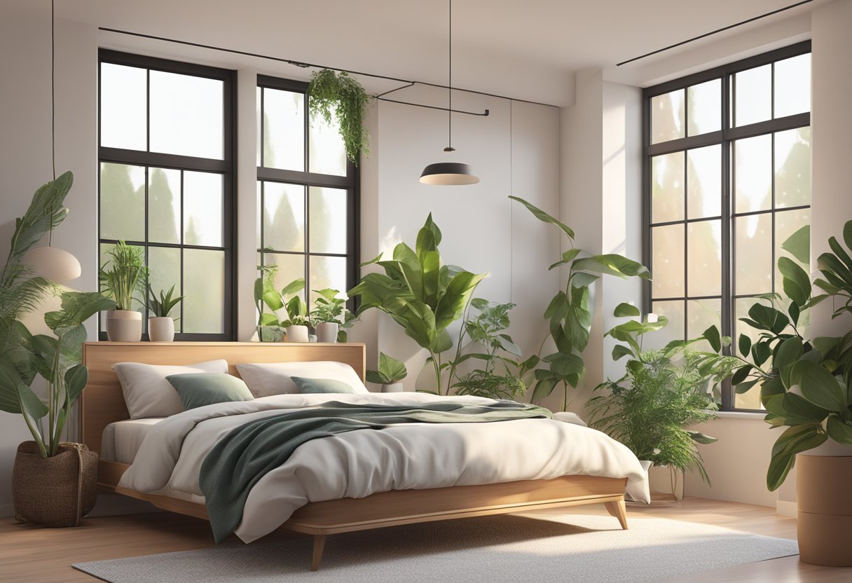A cozy bedroom with modern furniture, soft lighting, and minimalist decor. A large window lets in natural light, and plants add a touch of greenery