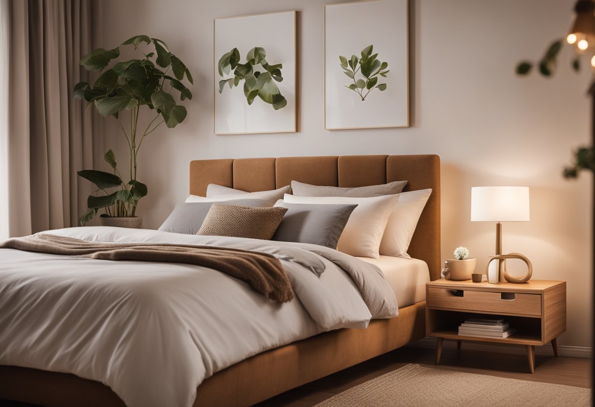 A serene bedroom with warm earth tones, a cozy bed with plush bedding, and soft lighting. Natural elements like wood and plants add a calming touch
