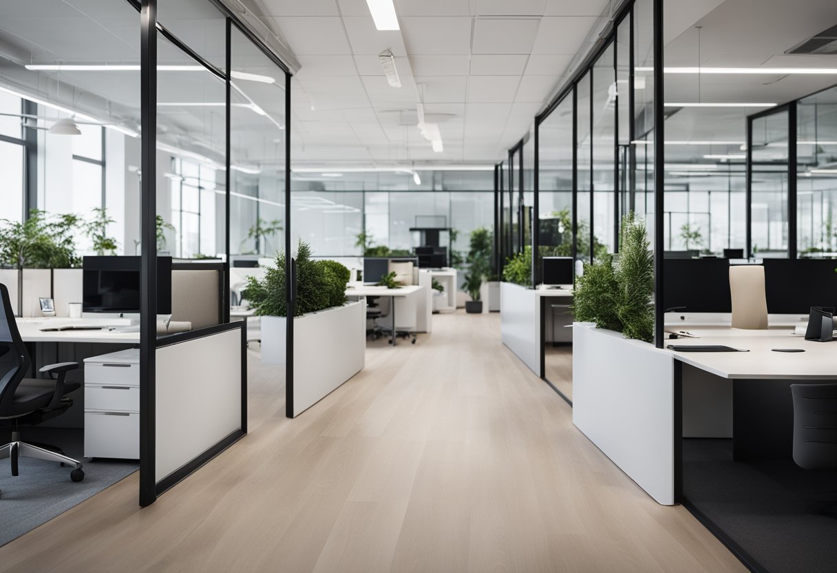 A sleek, minimalist office with open floor plan, natural light, and ergonomic furniture. Glass partitions, greenery, and neutral color scheme create a calming, productive environment
