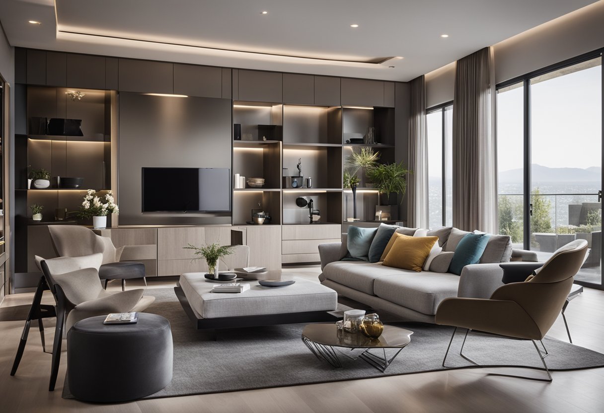 A sleek, modern living space with cutting-edge furniture and dynamic architectural elements. The room is filled with innovative design concepts and materials, creating a visually striking and forward-thinking environment