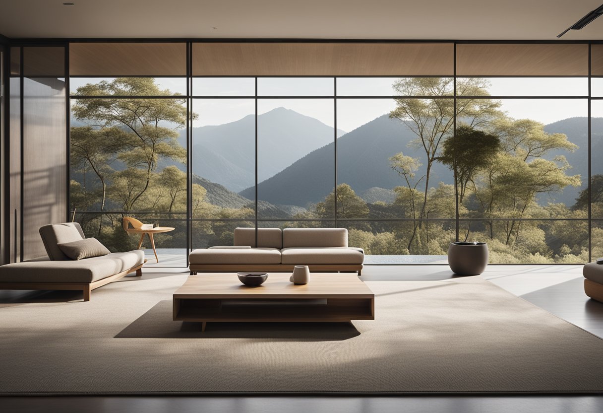 A minimalist living room with low furniture, clean lines, and earthy tones. A large window lets in natural light, and a traditional Japanese sliding door separates the space