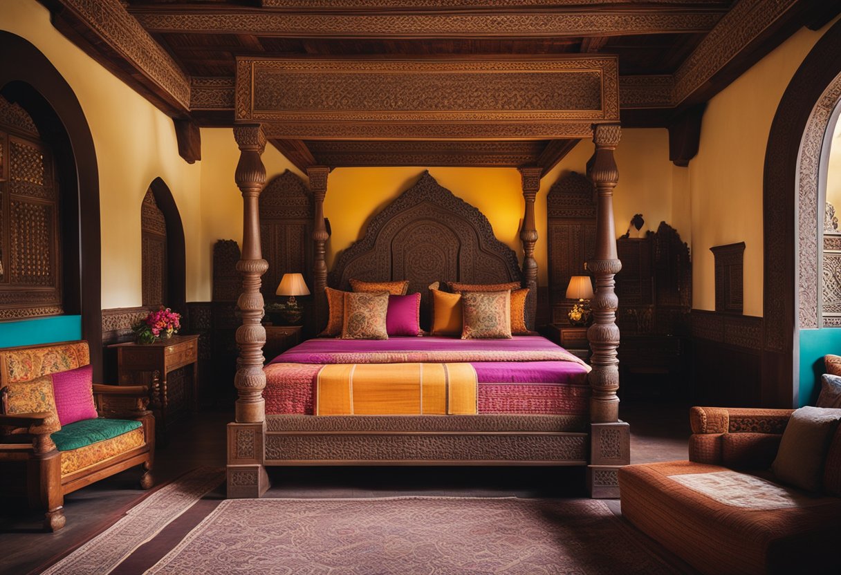 A cozy bedroom with traditional Sri Lankan decor, featuring vibrant colors, intricate wood carvings, and ornate textiles. A large, inviting bed takes center stage, surrounded by elegant furniture and cultural accents