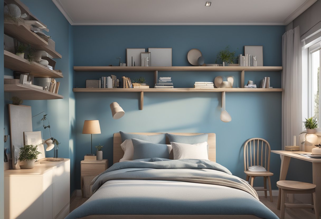 A cozy bedroom with a twin bed, soft bedding, a small desk, and a bookshelf. A window lets in natural light, and the walls are painted a calming blue