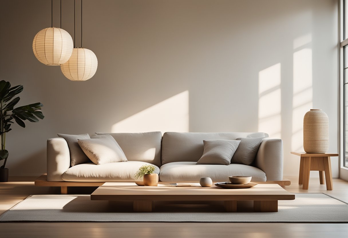 A minimalist living room with clean lines, natural materials, and a neutral color palette. A low wooden table with floor cushions, shoji screens, and paper lanterns create a serene and balanced atmosphere