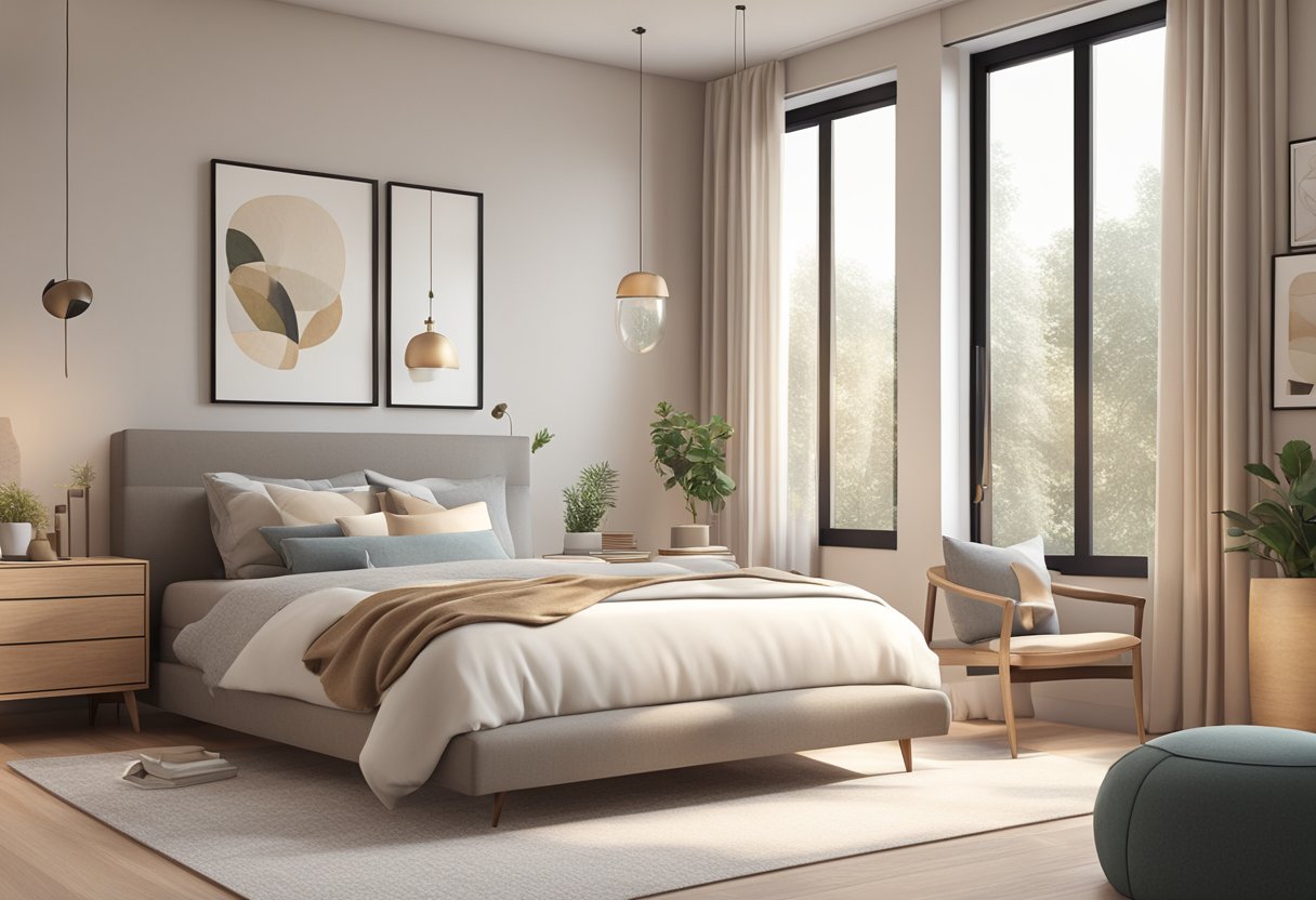 A cozy bedroom with modern furniture, soft lighting, and stylish decor. A large window lets in natural light, and a neutral color palette creates a calming atmosphere