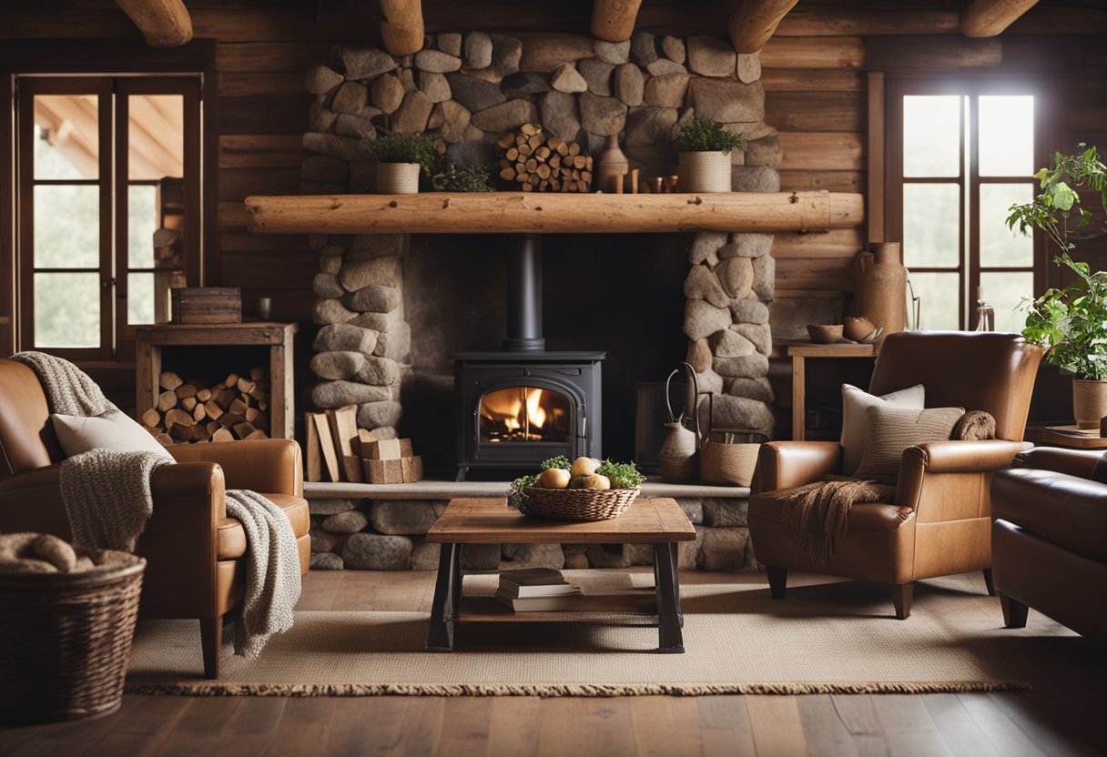 A cozy cabin with wooden beams, stone fireplace, and vintage furniture. Warm earth tones and natural textures create a rustic, inviting atmosphere