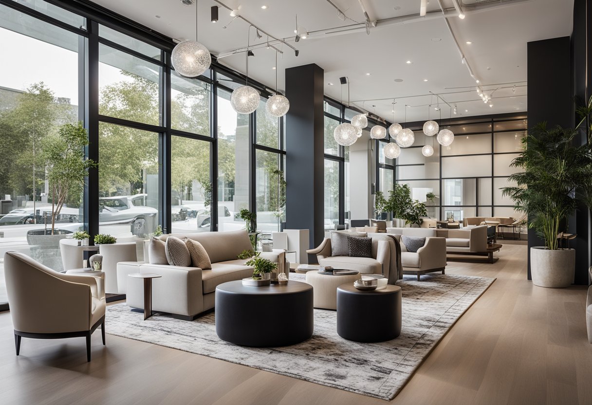 The showroom interior features sleek, modern furniture, clean lines, and a neutral color palette. Large windows allow natural light to flood the space, highlighting the elegant decor
