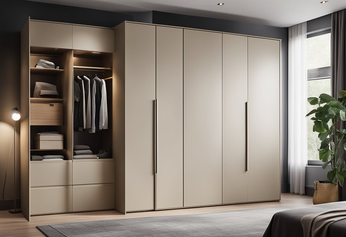 An L-shaped wardrobe fills a bedroom corner, with sleek, modern design and ample storage space