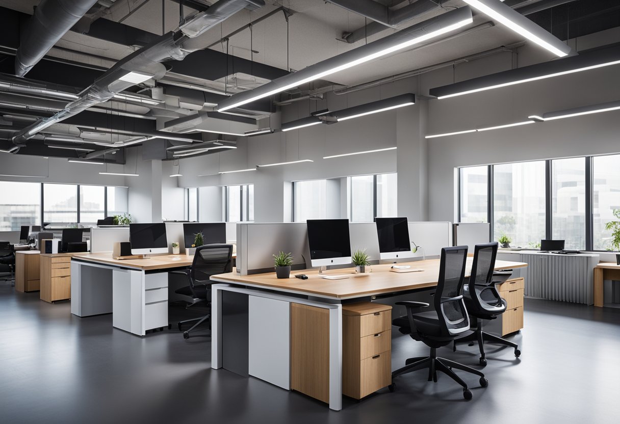 A sleek, open-concept office space with modular furniture, natural lighting, and integrated technology for flexible and collaborative work environments