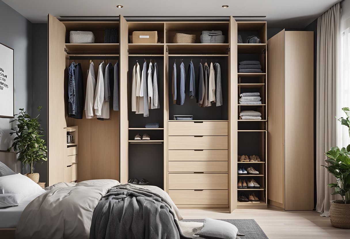 An L-shaped wardrobe fits snugly in the corner, maximizing bedroom space. Shelves and drawers provide ample storage