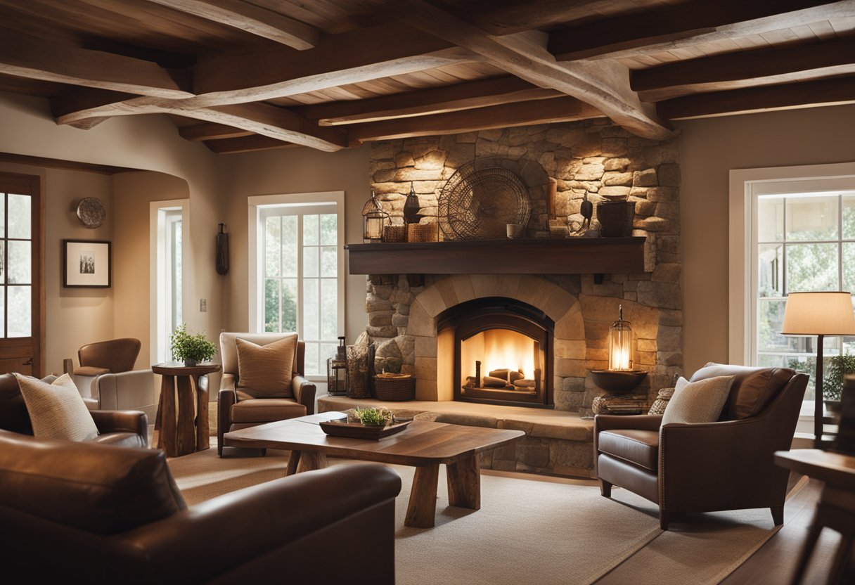 A cozy living room with exposed wooden beams, stone fireplace, and vintage furniture. Warm earthy tones and natural materials create a welcoming and relaxed atmosphere