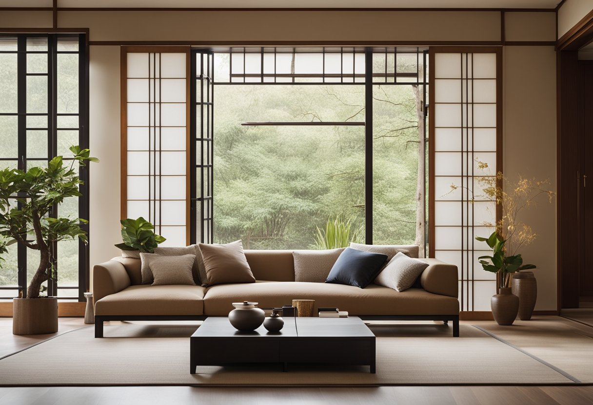 A serene living room with sleek furniture, warm earthy tones, and minimalist decor. Cultural accents like Japanese shoji screens, Chinese calligraphy, and Korean ceramics add a personalized touch to the modern Asian interior design