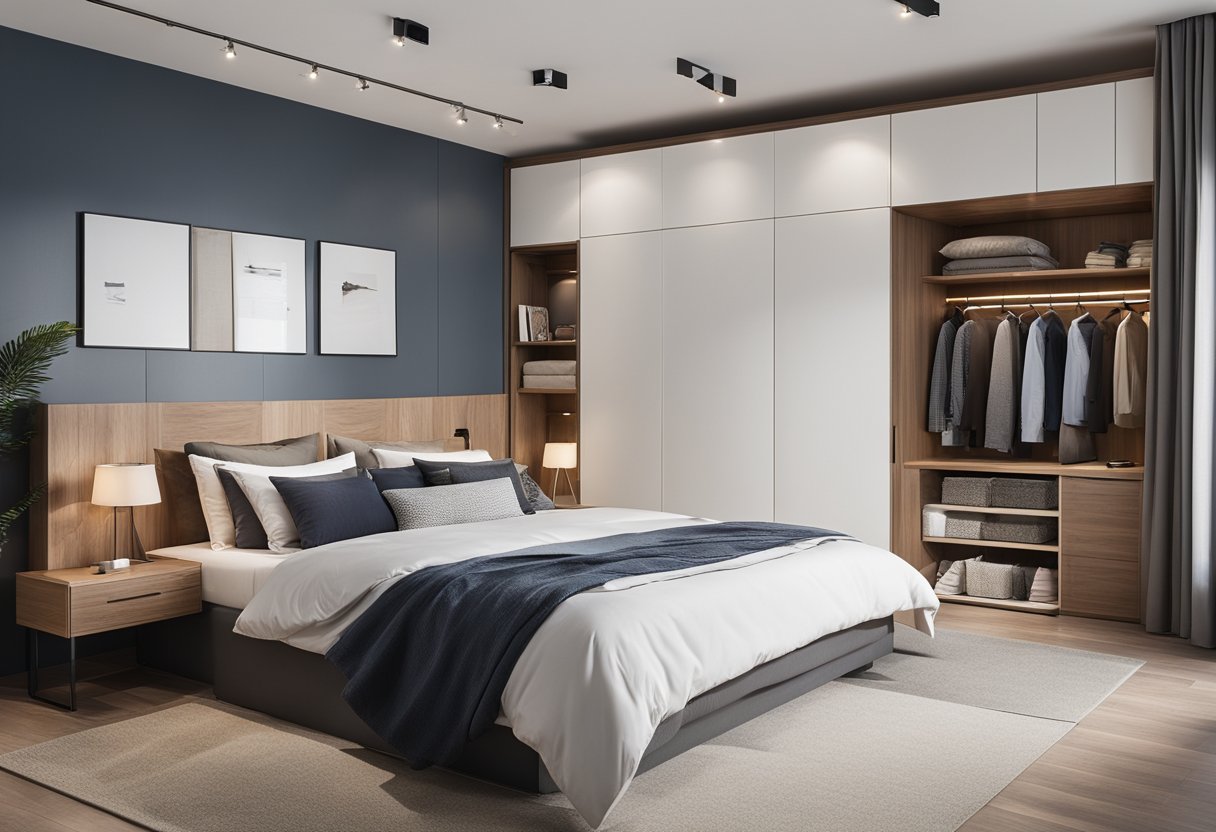 A spacious bedroom with an L-shaped wardrobe, featuring sleek modern design and ample storage space
