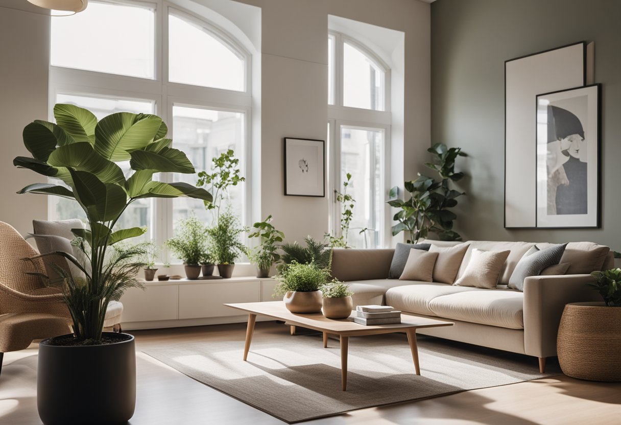 A sleek, minimalist living room with clean lines, neutral colors, and natural materials. A large window brings in natural light, while potted plants add a touch of greenery