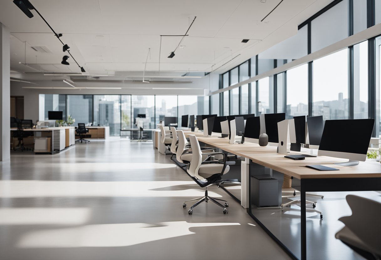 A sleek, minimalist office space with open floor plan, natural light, and integrated technology. Clean lines, neutral colors, and ergonomic furniture create a modern, inviting atmosphere