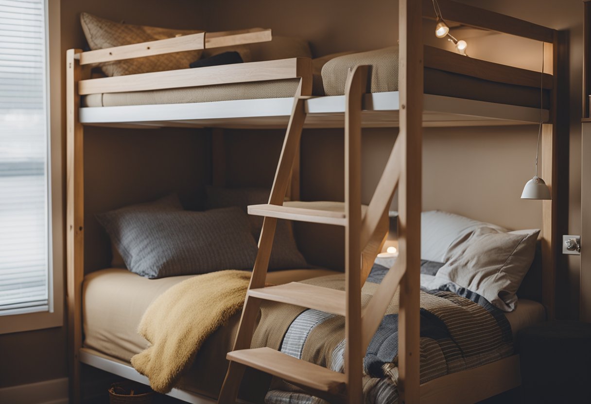 A bunk bed sits against a wall in a small bedroom, with a ladder leading up to the top bunk. The room is cozy, with soft lighting and a few personal items on the nightstand