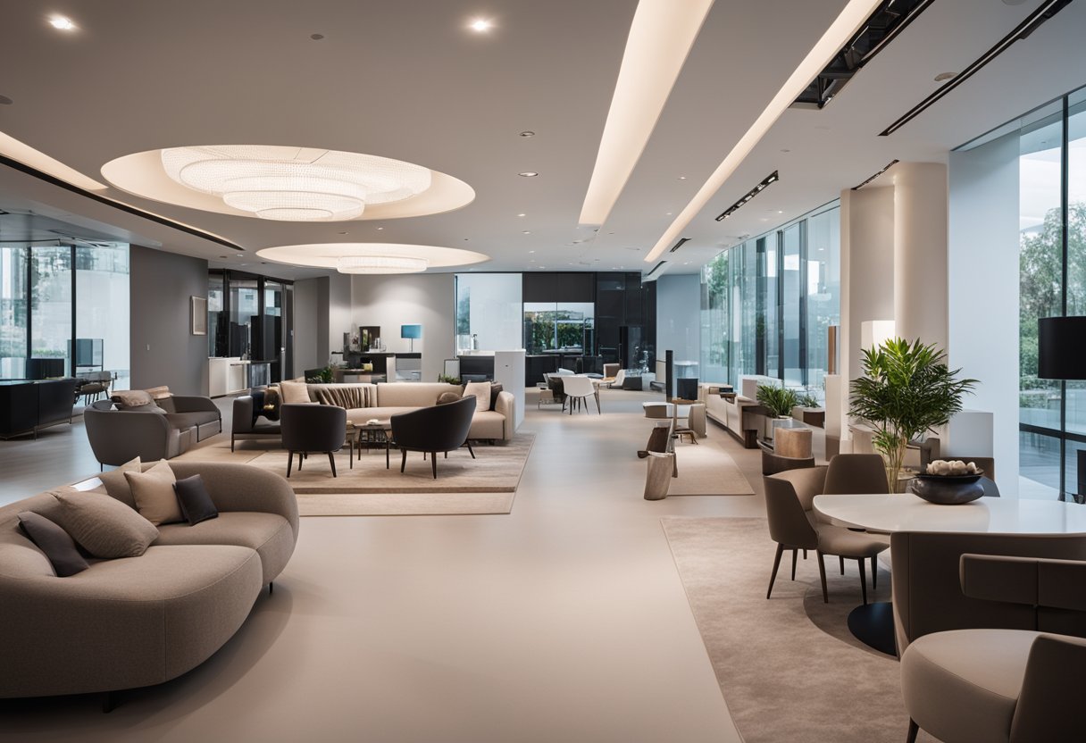 The showroom features sleek, modern furniture arranged in an open and inviting layout. Soft lighting and minimalist decor create a sophisticated atmosphere