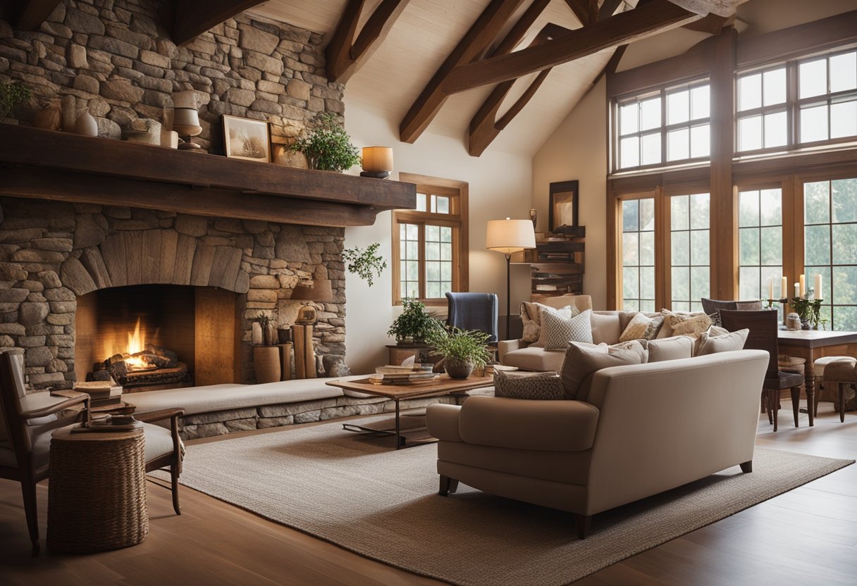 A cozy living room with exposed wooden beams, a stone fireplace, and vintage furniture, creating a warm and inviting rustic atmosphere
