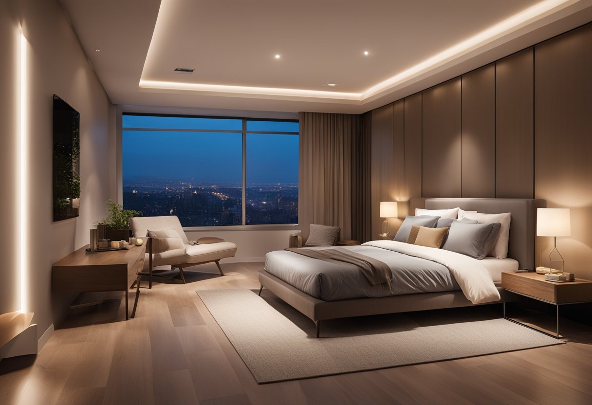 A cozy bedroom with a sleek LCD design mounted on the wall, casting a soft glow over the room. The bed is neatly made, and a warm, inviting atmosphere is created by the soft lighting