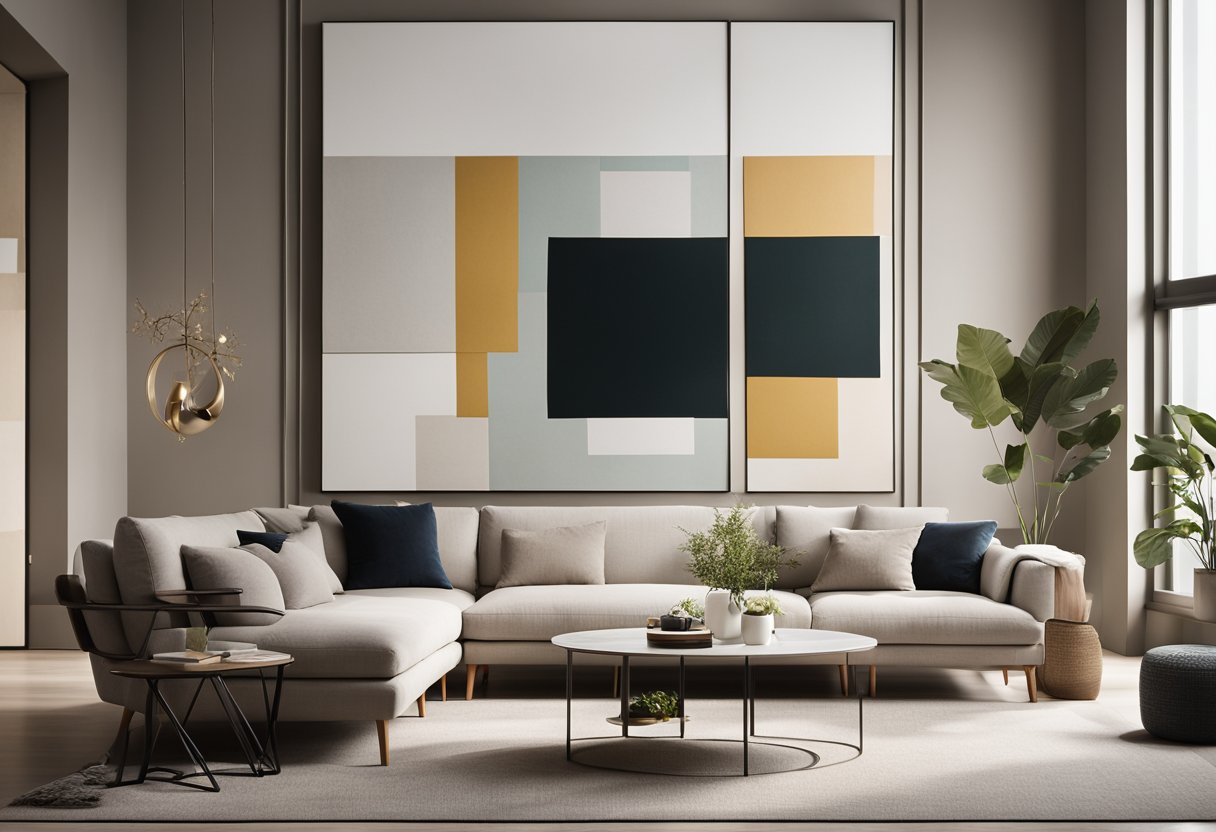 A sleek, minimalist living room with a neutral color palette and textured accents. A large, abstract painting hangs on the wall, adding a pop of color. The room is filled with natural light, casting interesting shadows on the textured surfaces