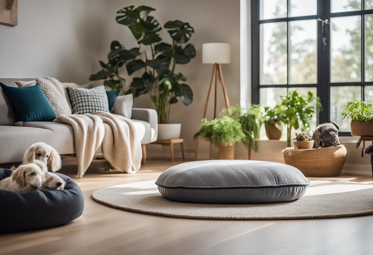 A cozy living room with pet-friendly furniture, non-toxic plants, and durable flooring. A pet bed and toys are scattered around the room, and a large window allows natural light to fill the space
